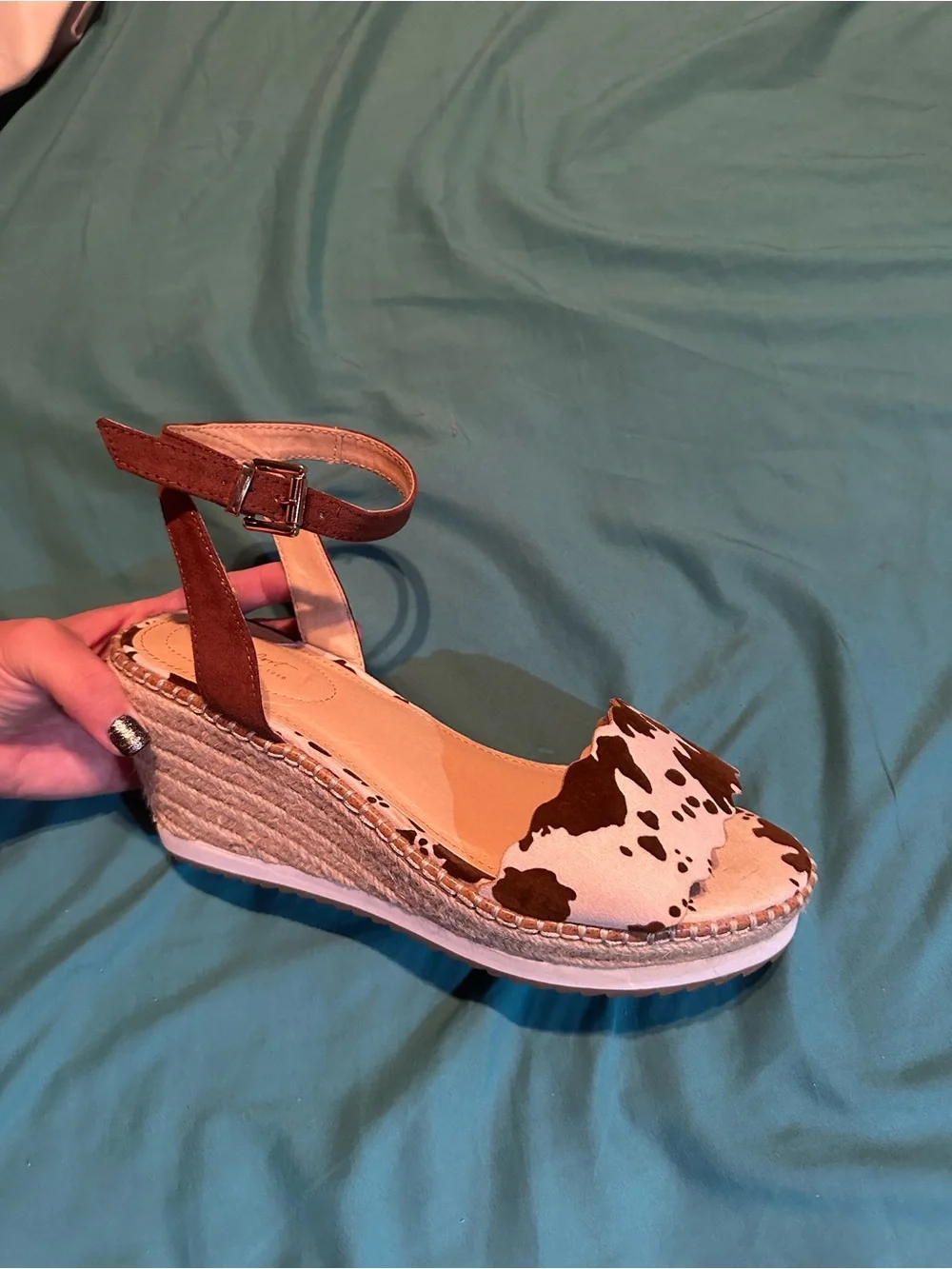 Womens Brown Cow-Print Espadrille Wedge Sandals with Ankle Strap